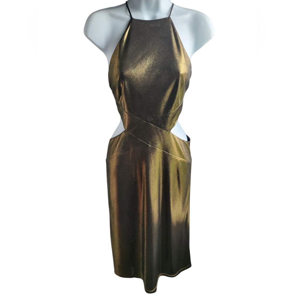 Halston Heritage Cutout Cocktail Gold Metallic Halter Dress Size 6